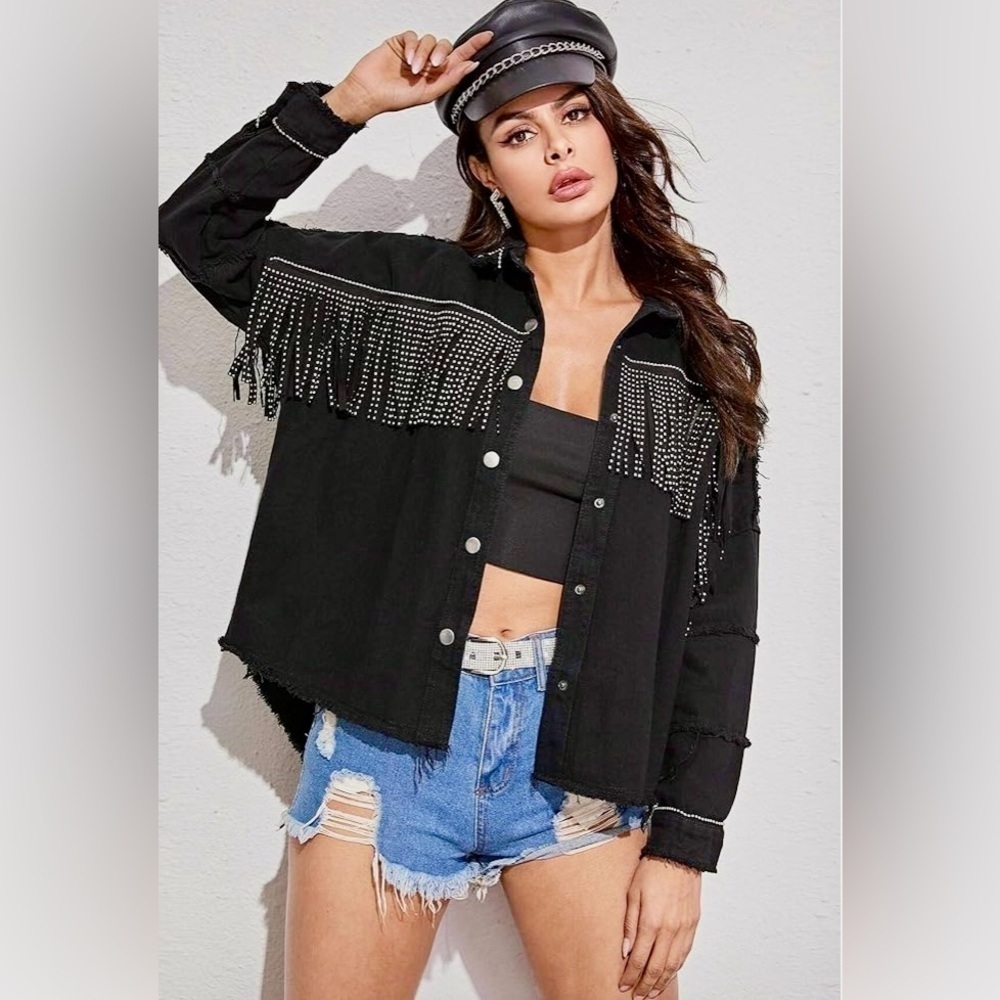 New! NWOT Casual Frayed Black Denim Jacket Studded Fringe